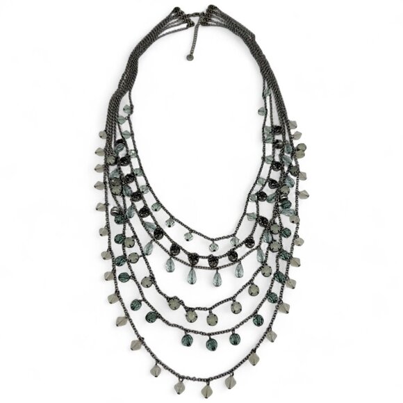 Loft Multi-Strand Beaded Statement Necklace Gunmetal Green & Gray Crystals - Picture 6 of 6